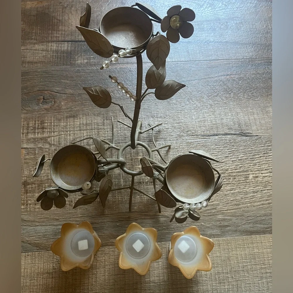 PartyLite Floral Candle Holder with Cream and Brown Accents - Picture 3 of 15